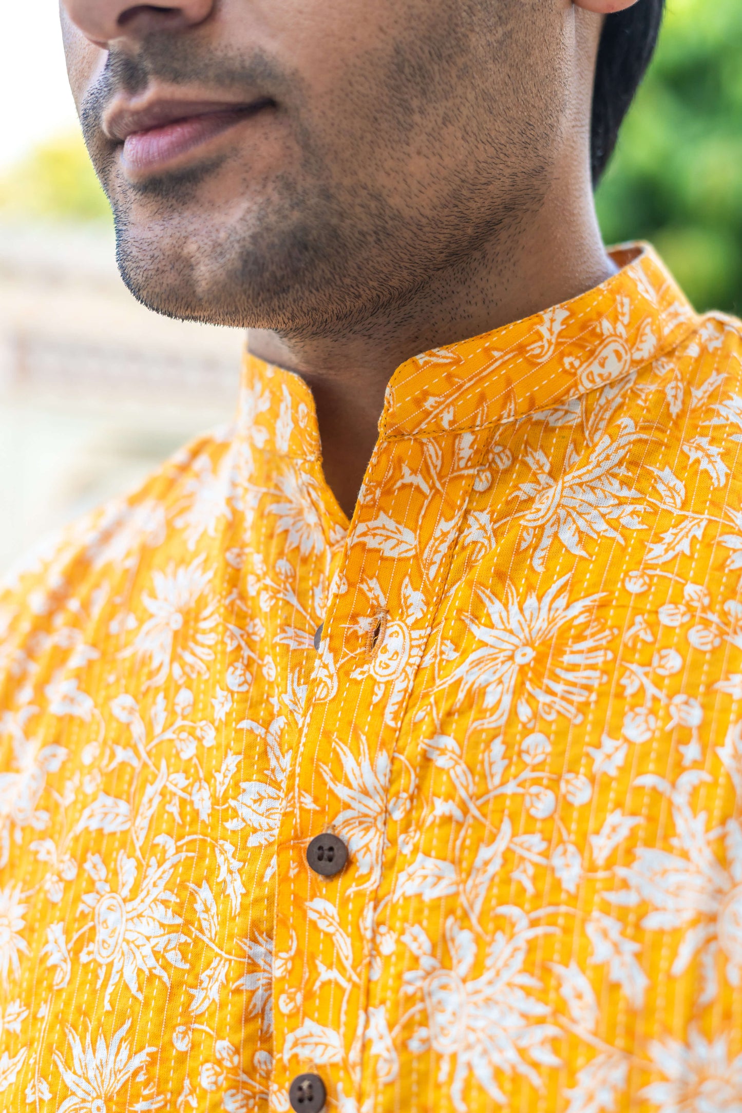 The Yellow Kantha Work Short Kurta With All-Over Floral Print