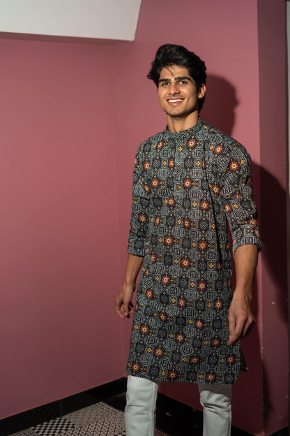 The Black And White Kantha Work Long Kurta With Tribal Print