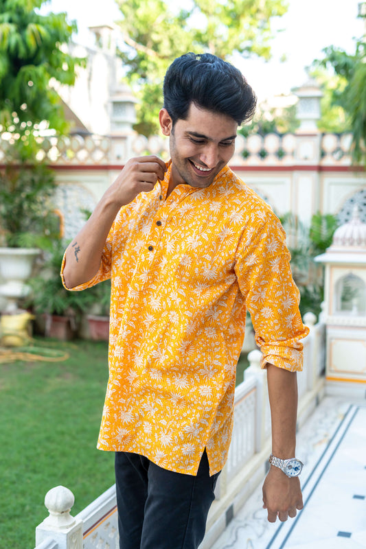 Yellow Short Kurta for Men With Kantha Work