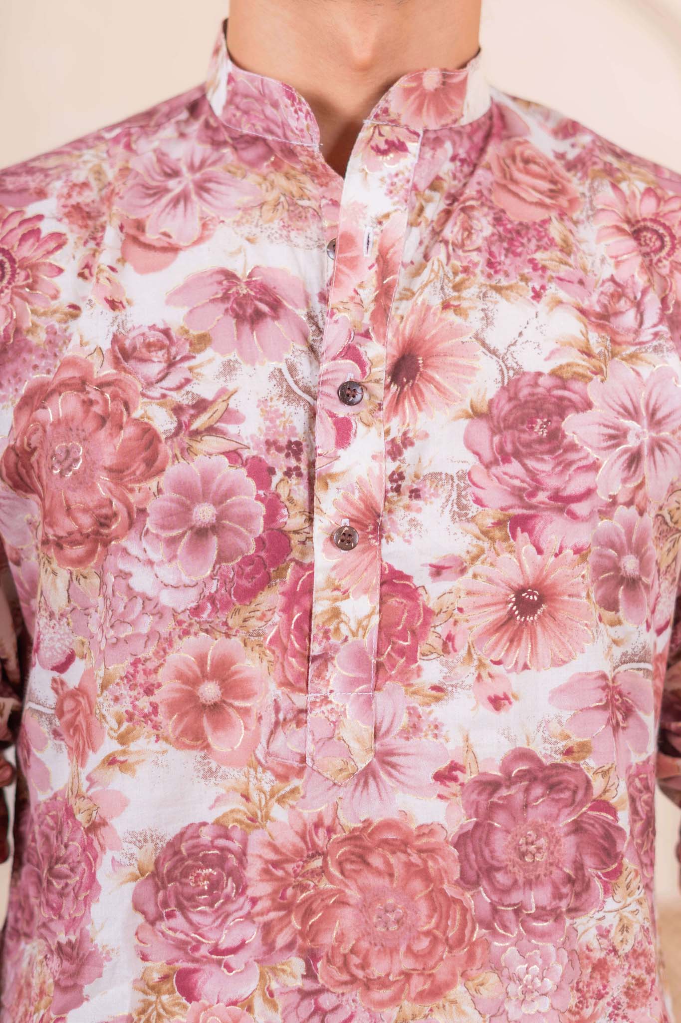 The Off White Long Kurta With All-Over Flower Foil Print