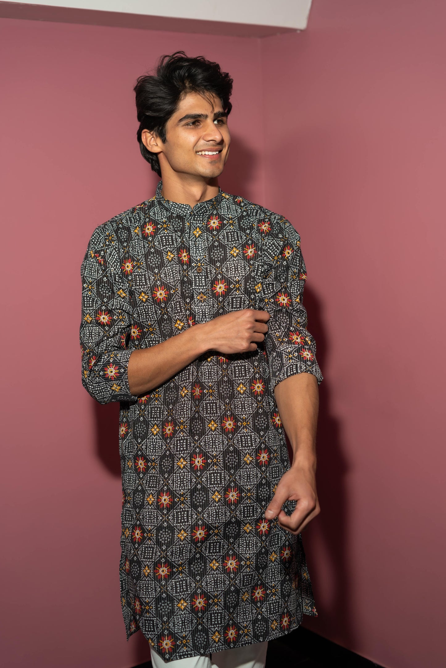 The Black And White Kantha Work Long Kurta With Tribal Print