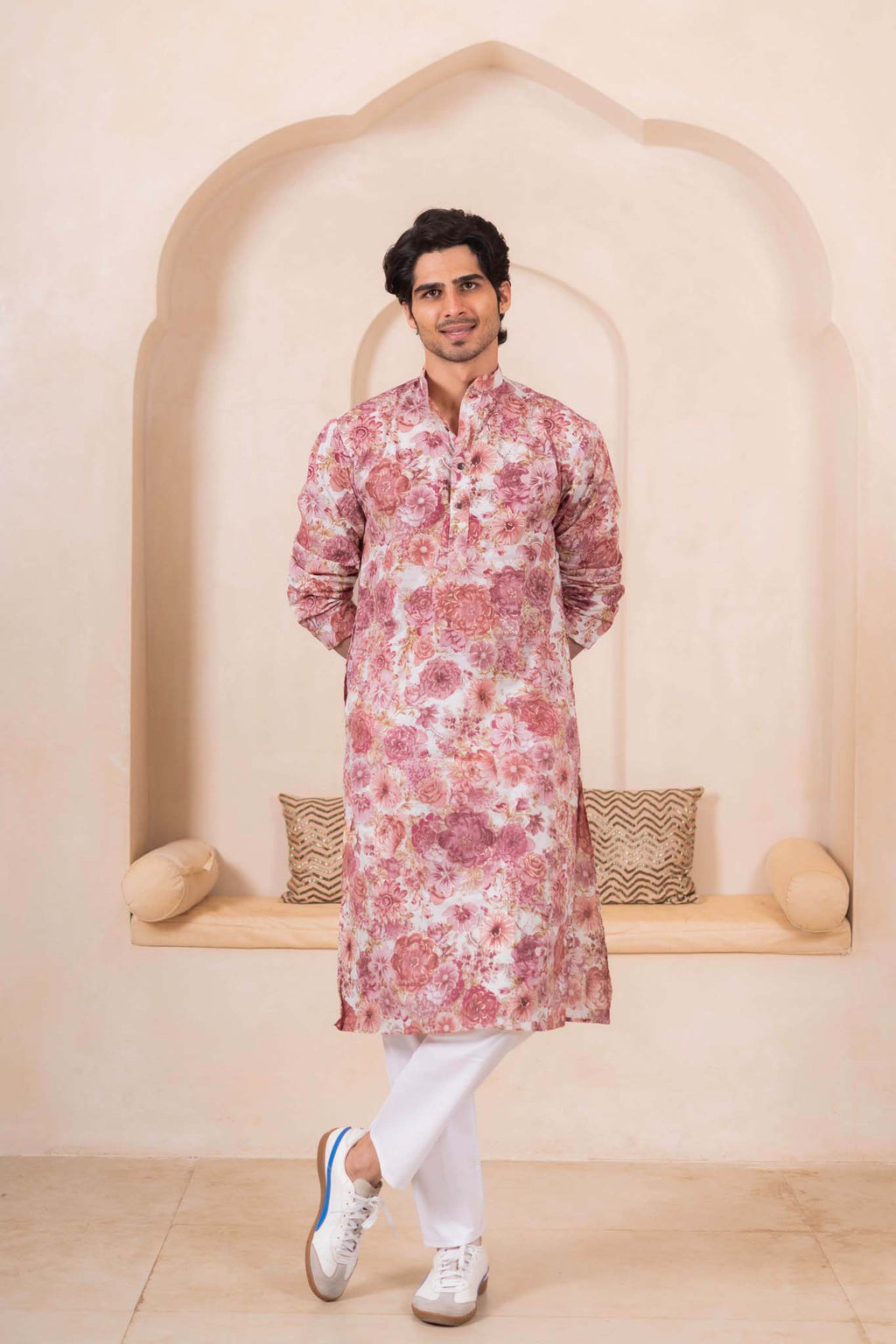 The Off White Long Kurta With All-Over Flower Foil Print