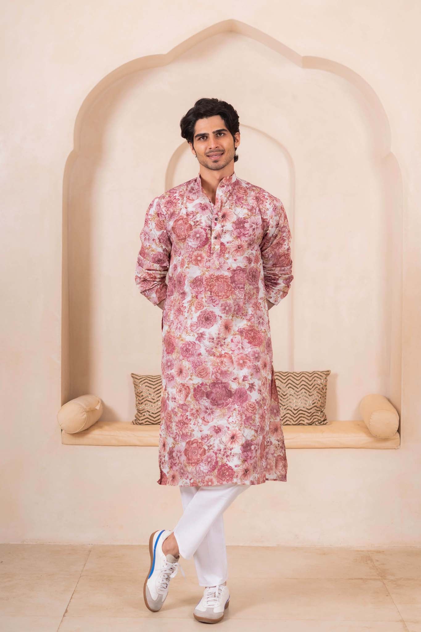 The Off White Long Kurta With All-Over Flower Foil Print