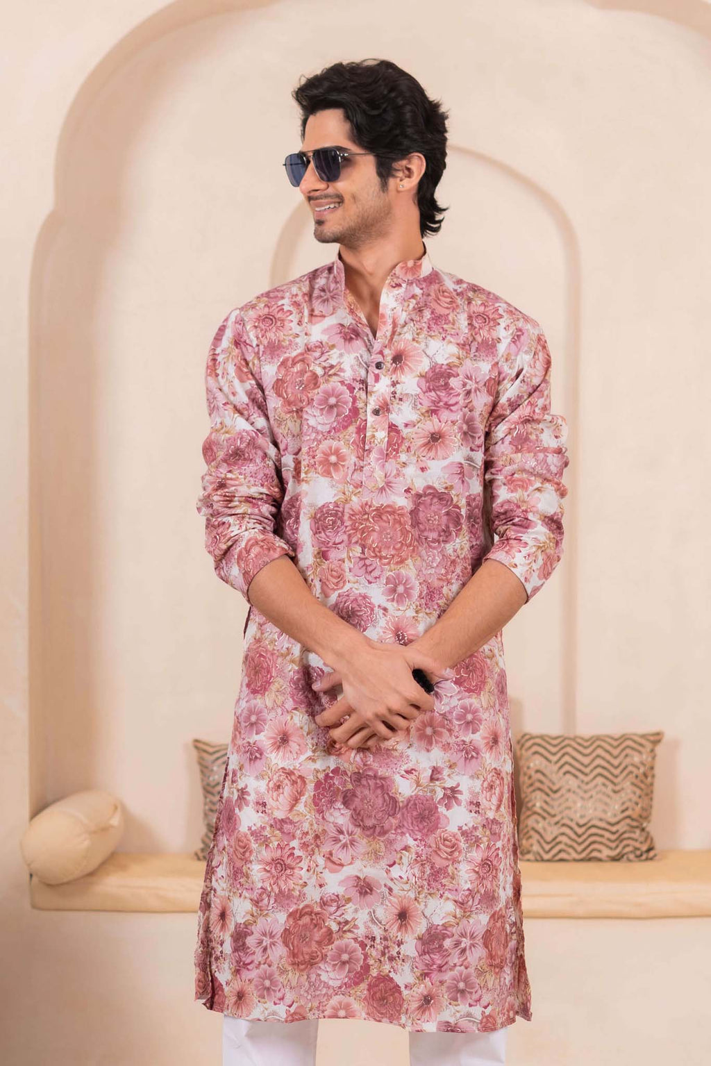 The Off White Long Kurta With All-Over Flower Foil Print