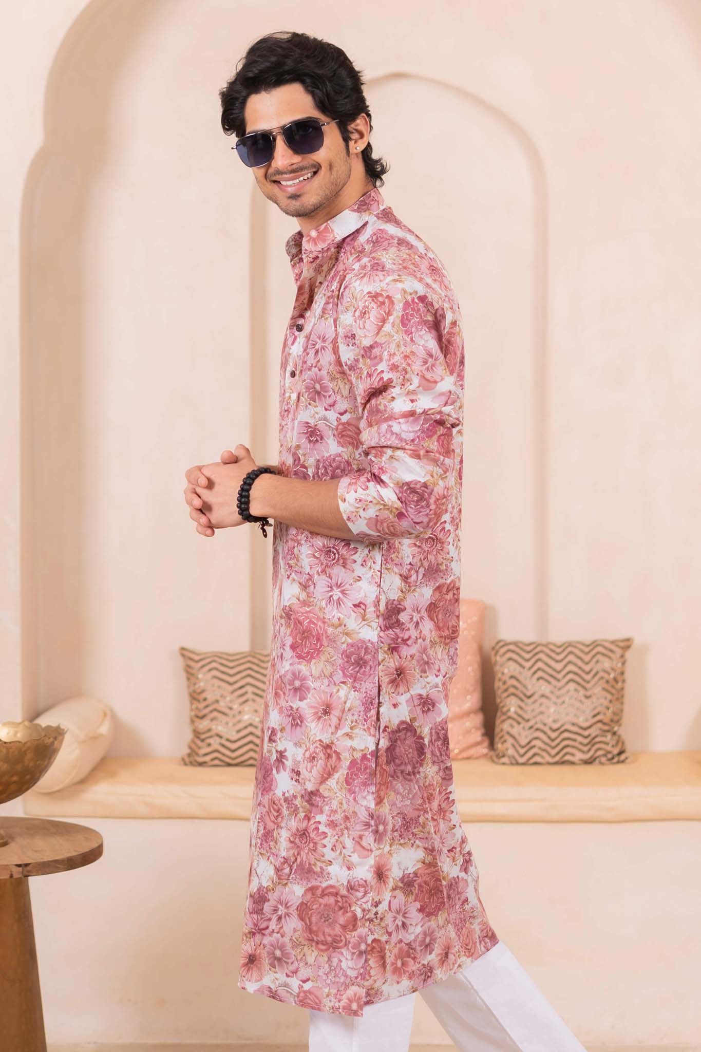 The Off White Long Kurta With All-Over Flower Foil Print