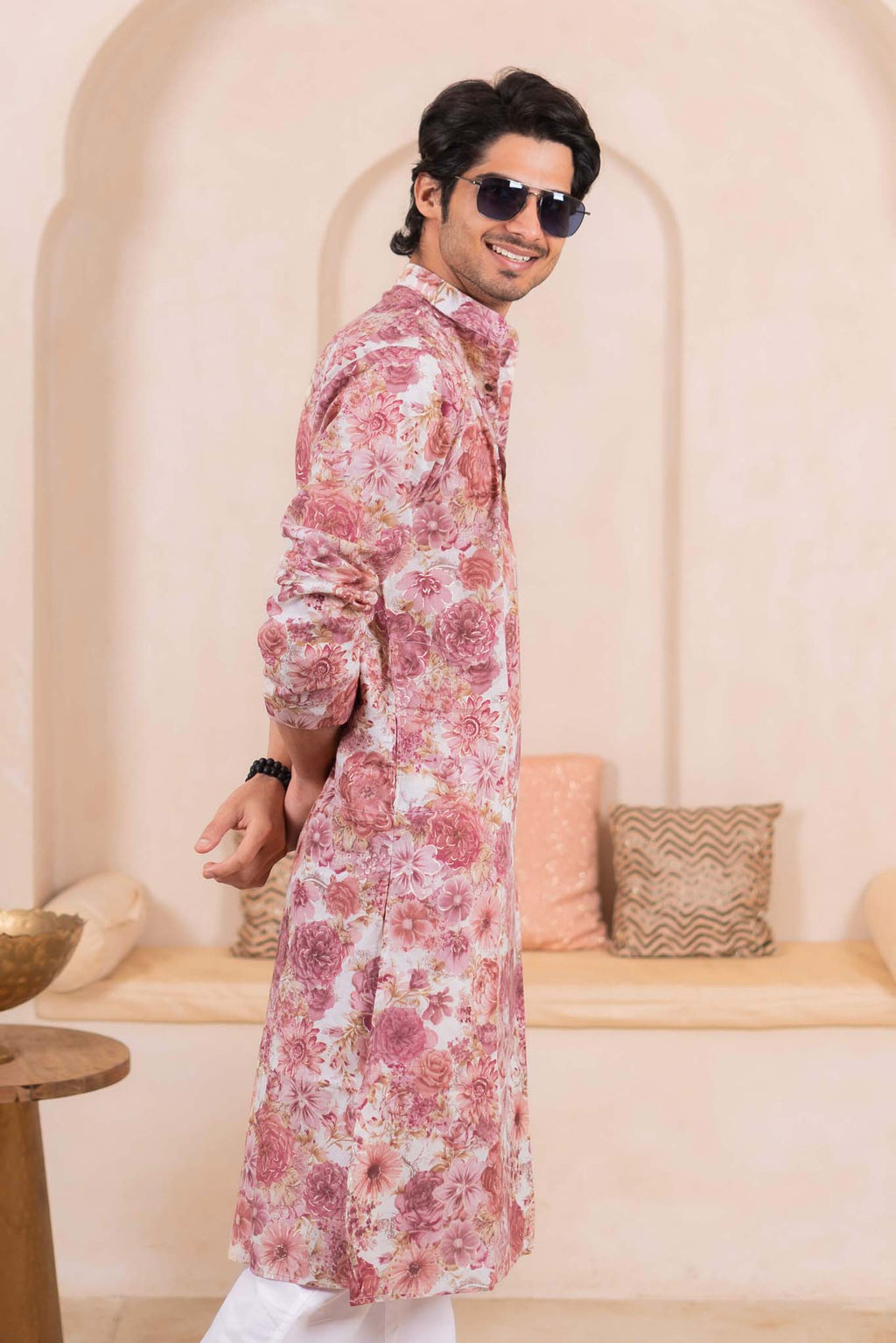 The Off White Long Kurta With All-Over Flower Foil Print