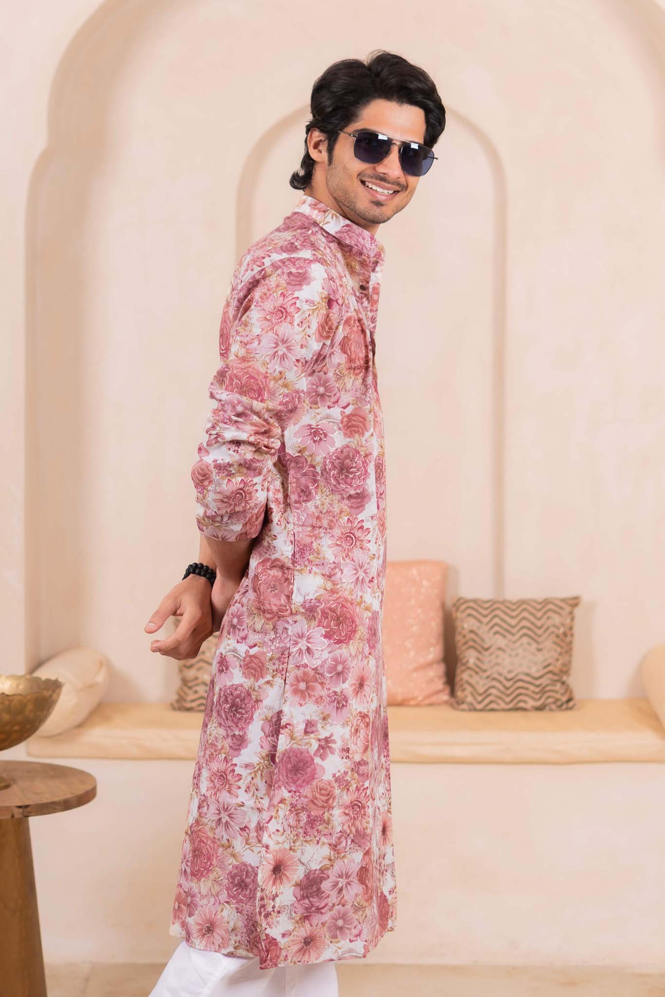 The Off White Long Kurta With All-Over Flower Foil Print