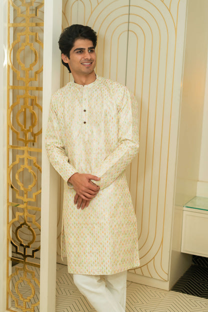 The Heavy Off-White Long Kurta With Multicolour Thread Work And Sequins