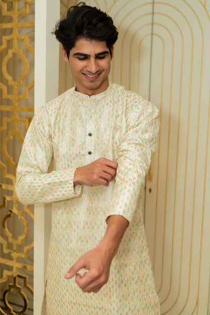The Heavy Off-White Long Kurta With Multicolour Thread Work And Sequins