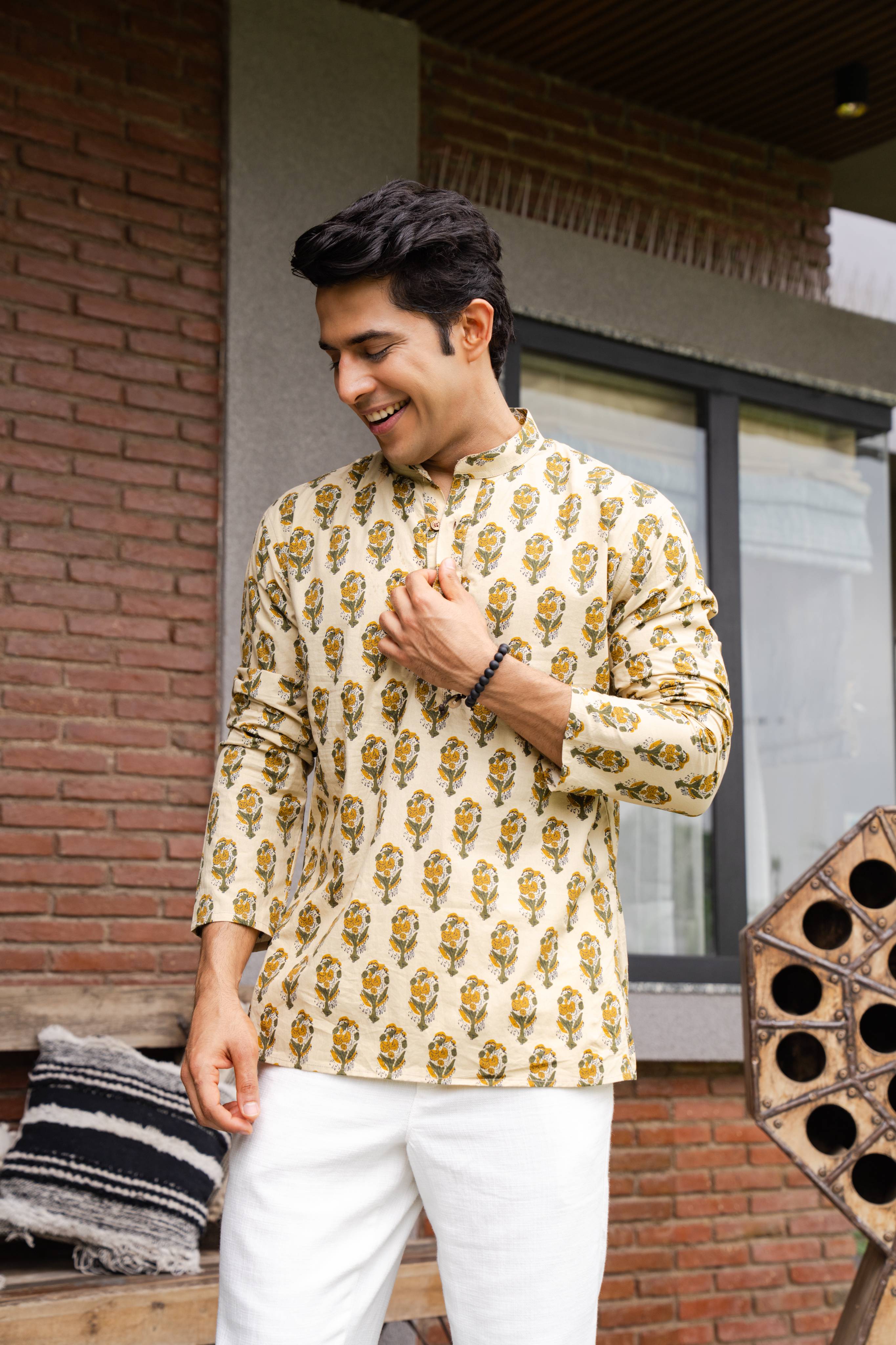 The Beige Color Short Kurta With Mughal Print