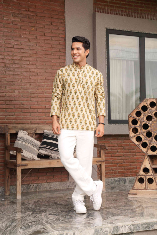 The Beige Color Short Kurta With Mughal Print