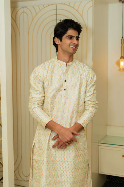 The Heavy Off-White Long Kurta With Multicolour Thread Work And Sequins