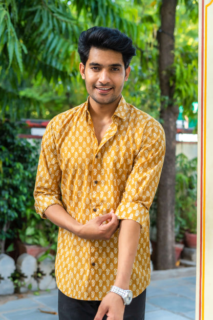 The Mustard Color Shirt With White Butti Print