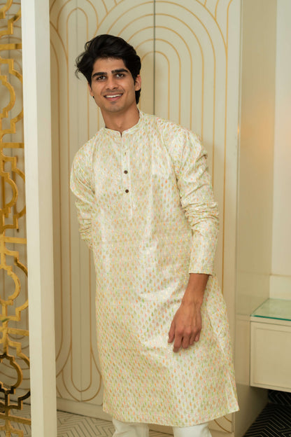 The Heavy Off-White Long Kurta With Multicolour Thread Work And Sequins