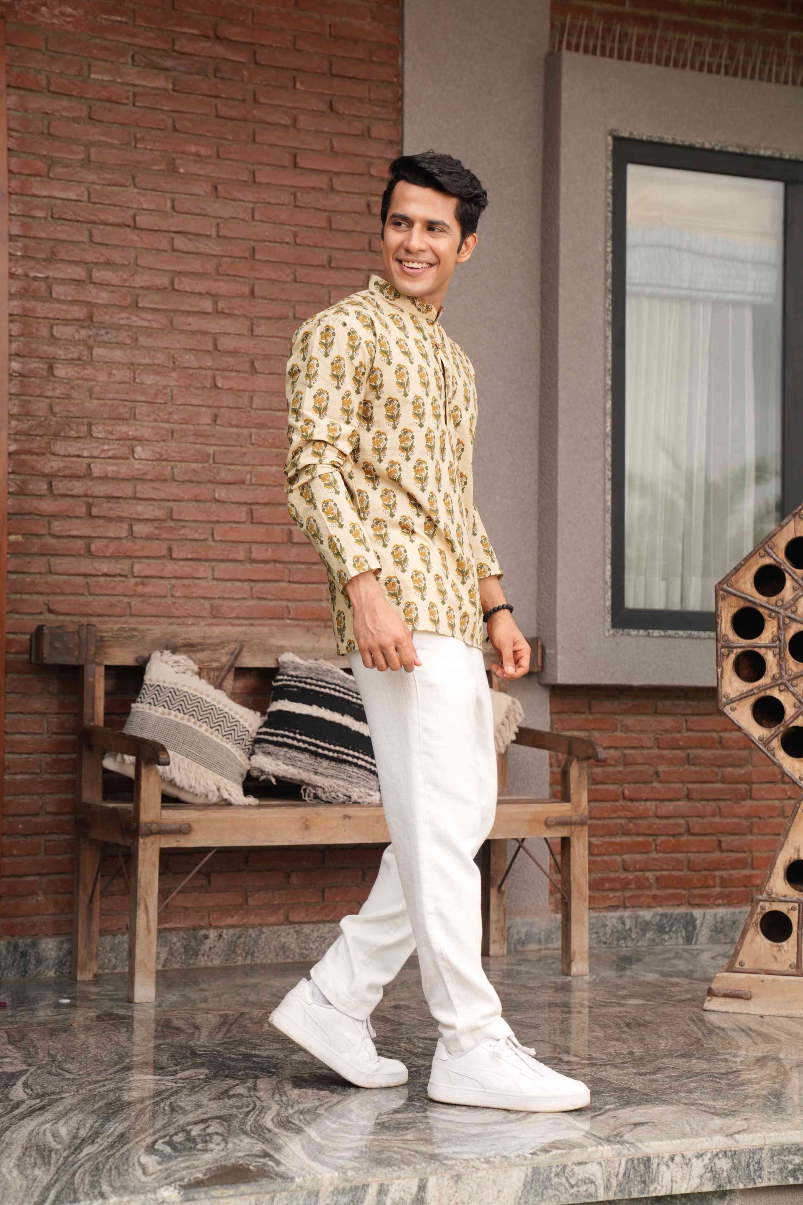 The Beige Color Short Kurta With Mughal Print
