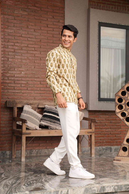 The Beige Color Short Kurta With Mughal Print