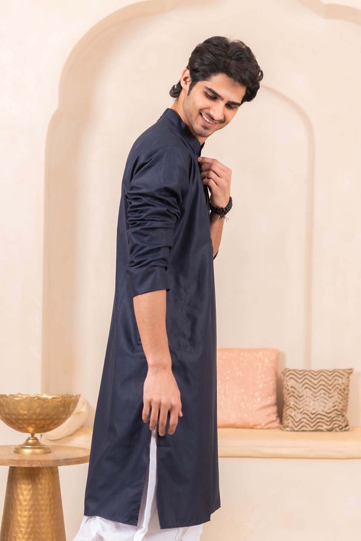 The Navy Blue Oxford Long Kurta