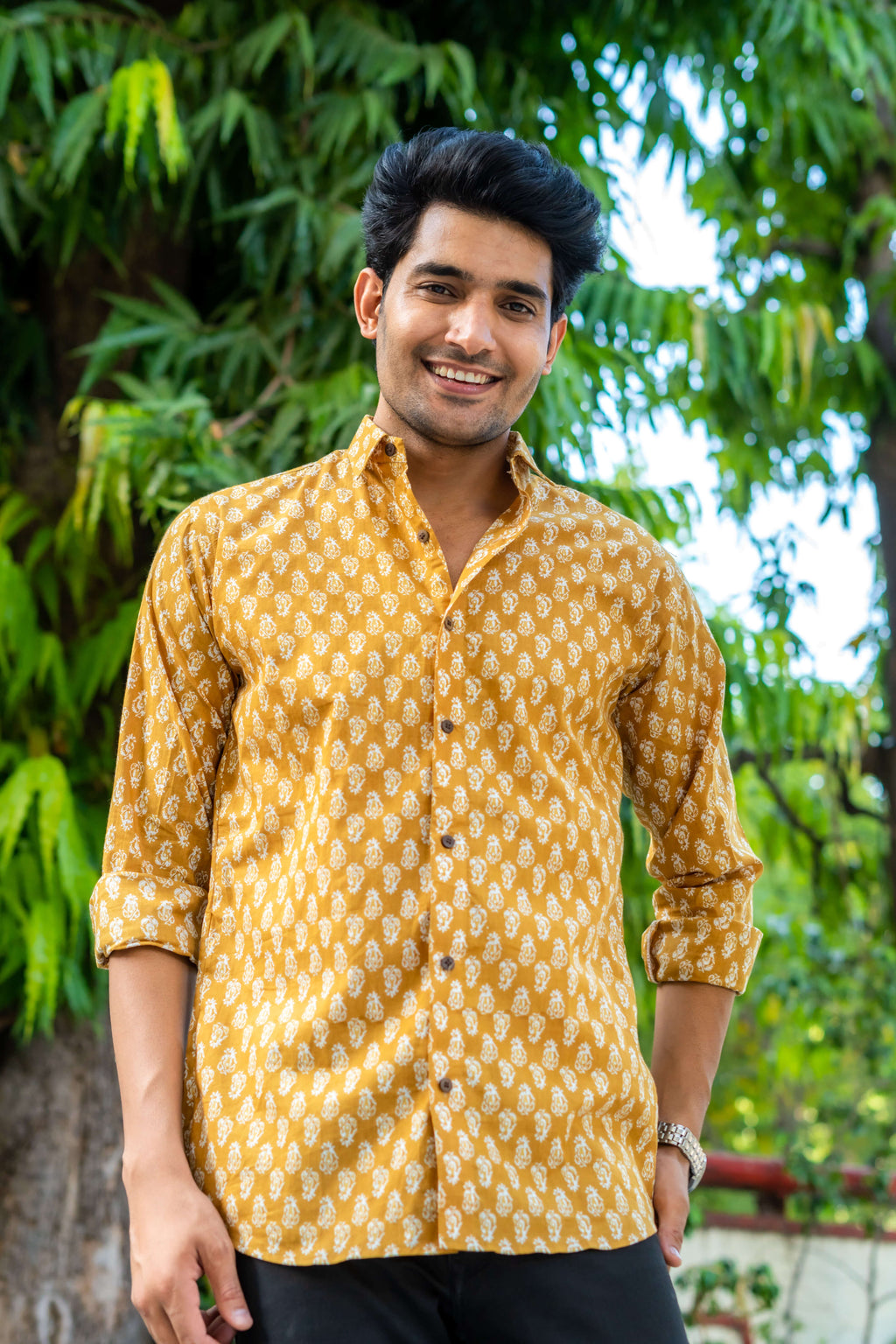 The Mustard Color Shirt With White Butti Print