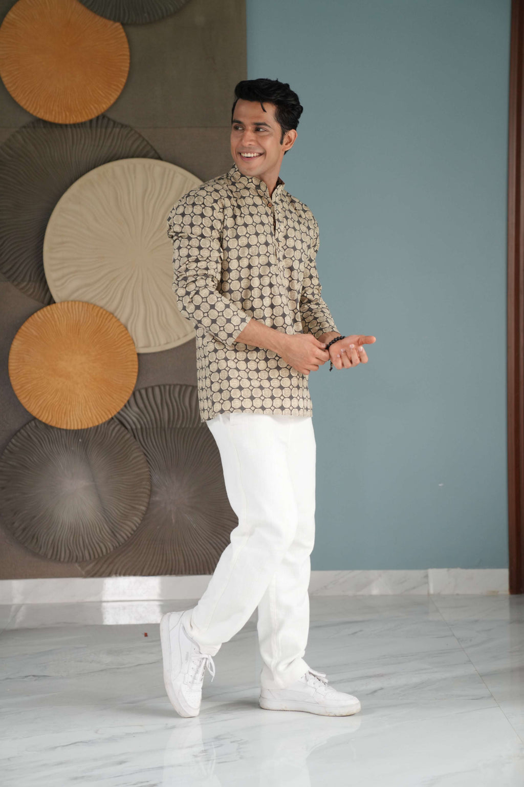 The Pebble Grey Short Kurta With Circle Pattern
