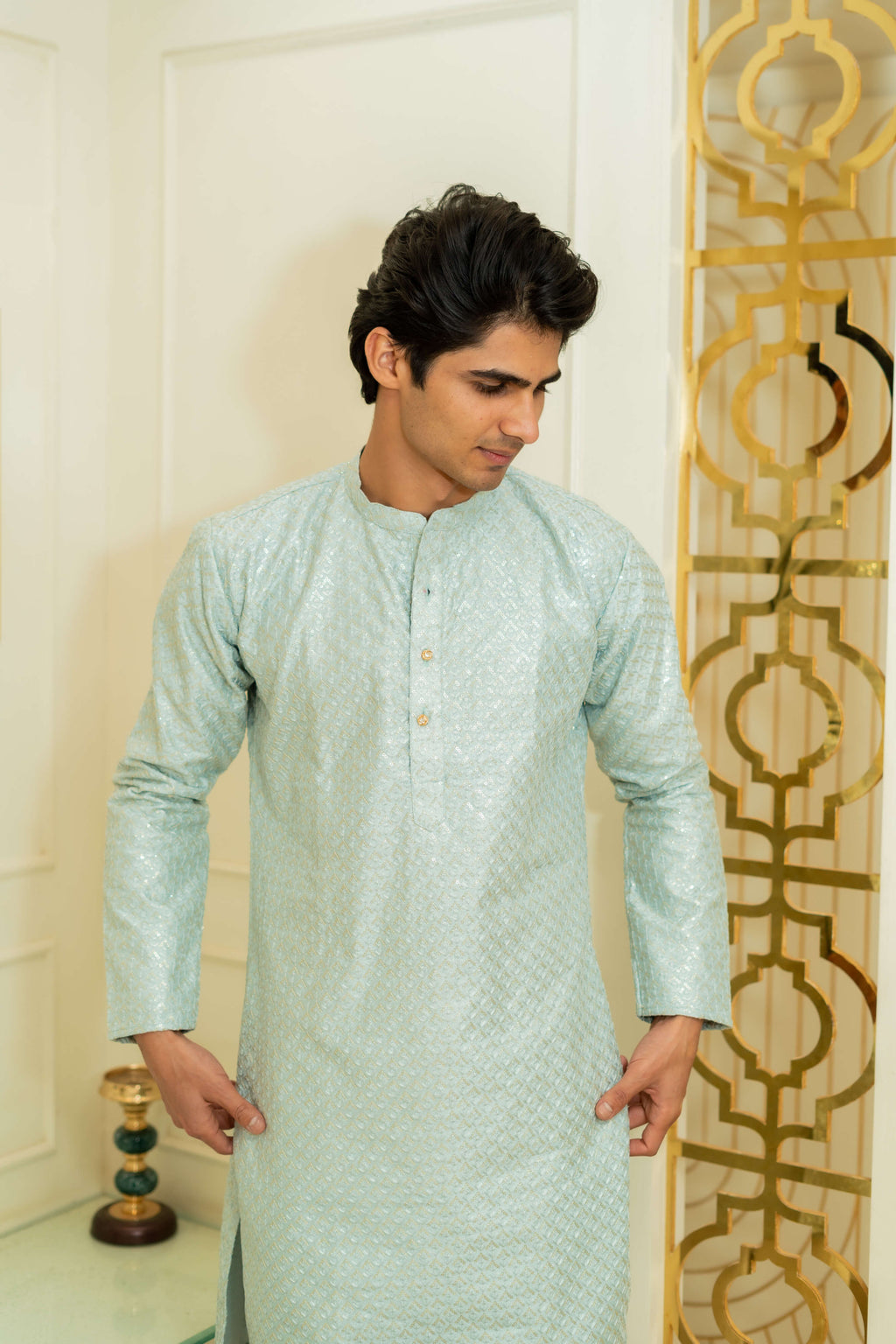 The Steel Grey Chikan Kari And Sequins Work Heavy Long Kurta