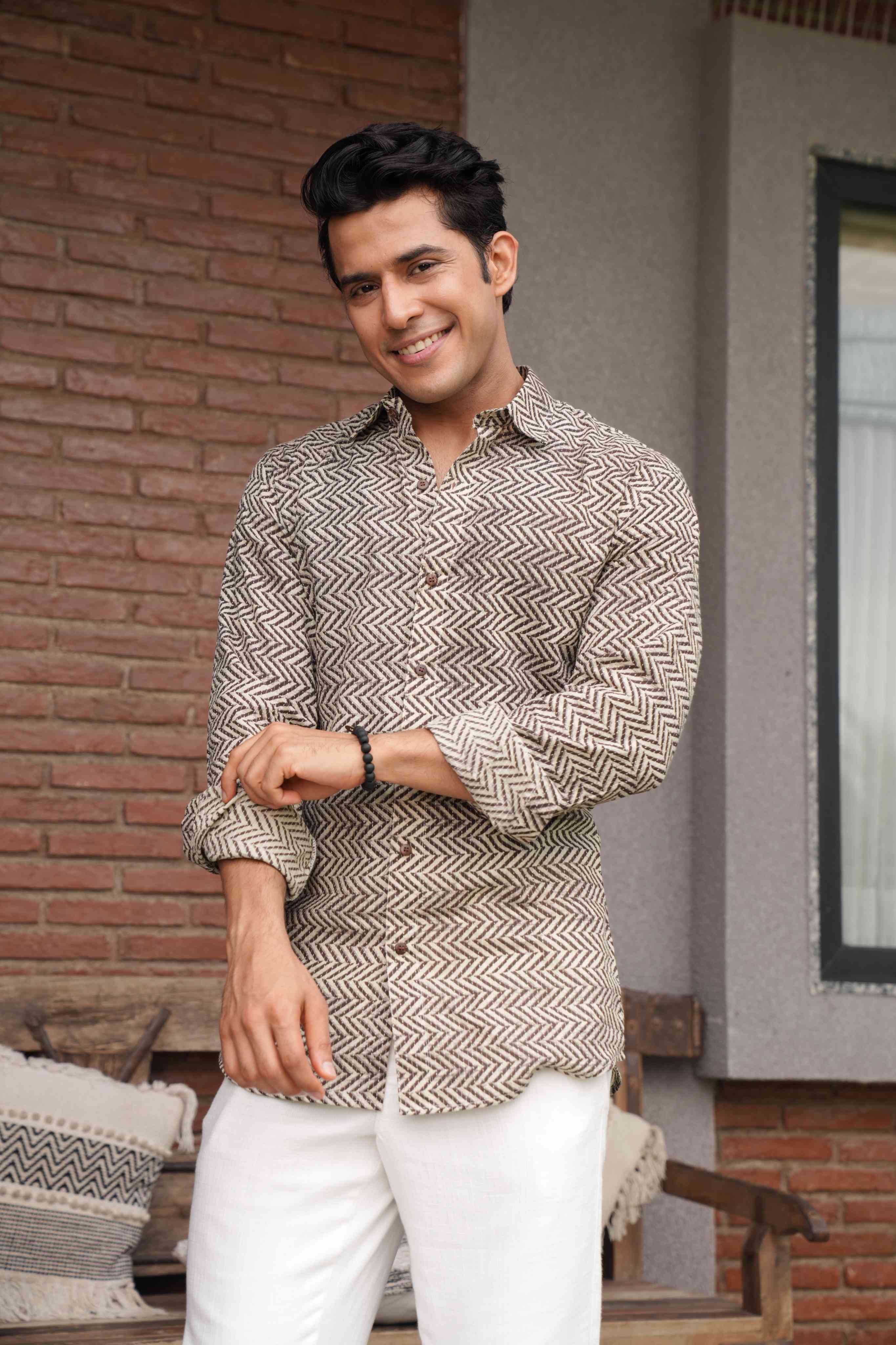 The Light Grey Kantha Work Shirt with Cedar Color Zig Zag Print