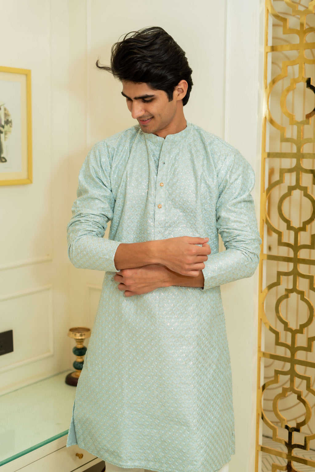 The Steel Grey Chikan Kari And Sequins Work Heavy Long Kurta