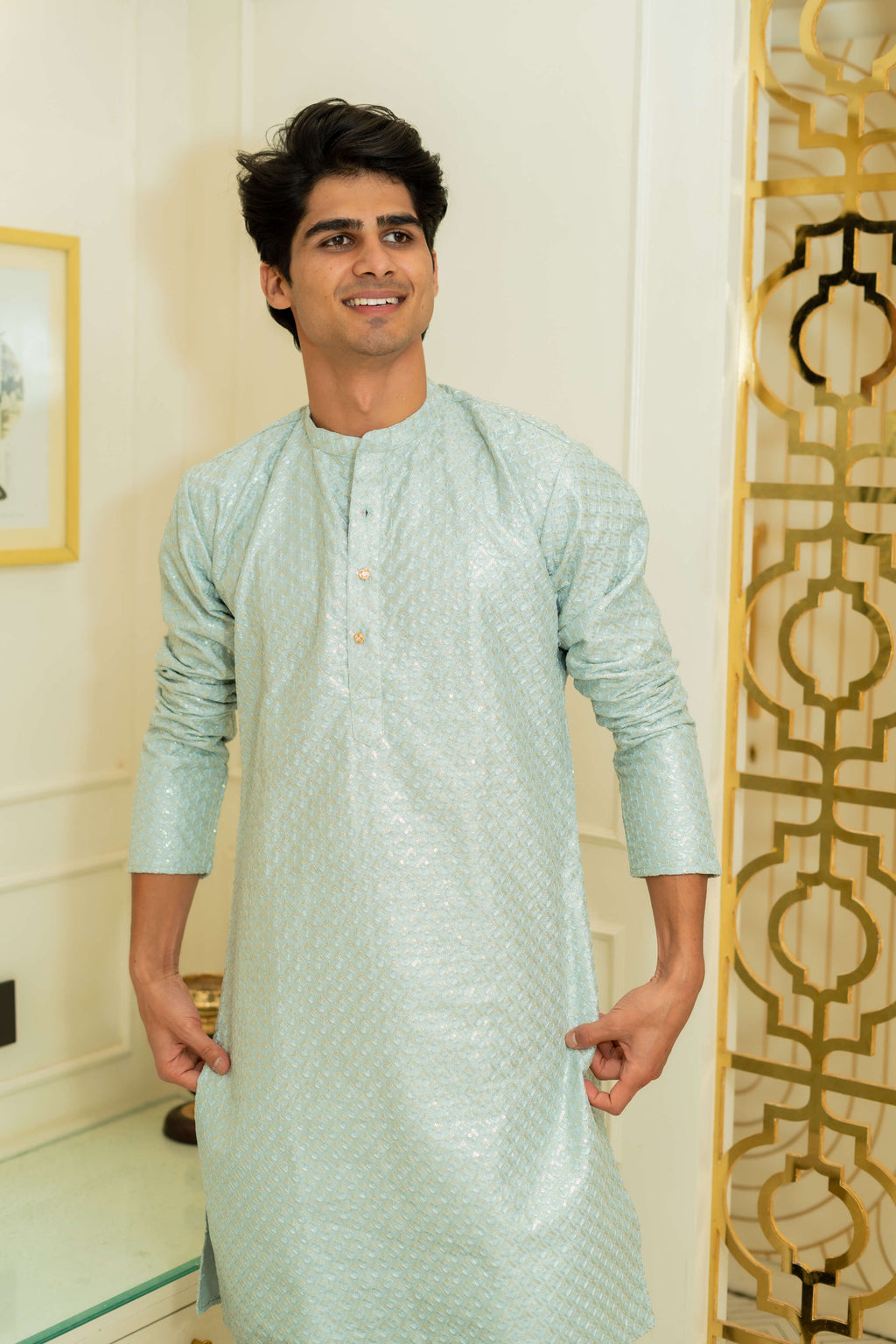 The Steel Grey Chikan Kari And Sequins Work Heavy Long Kurta