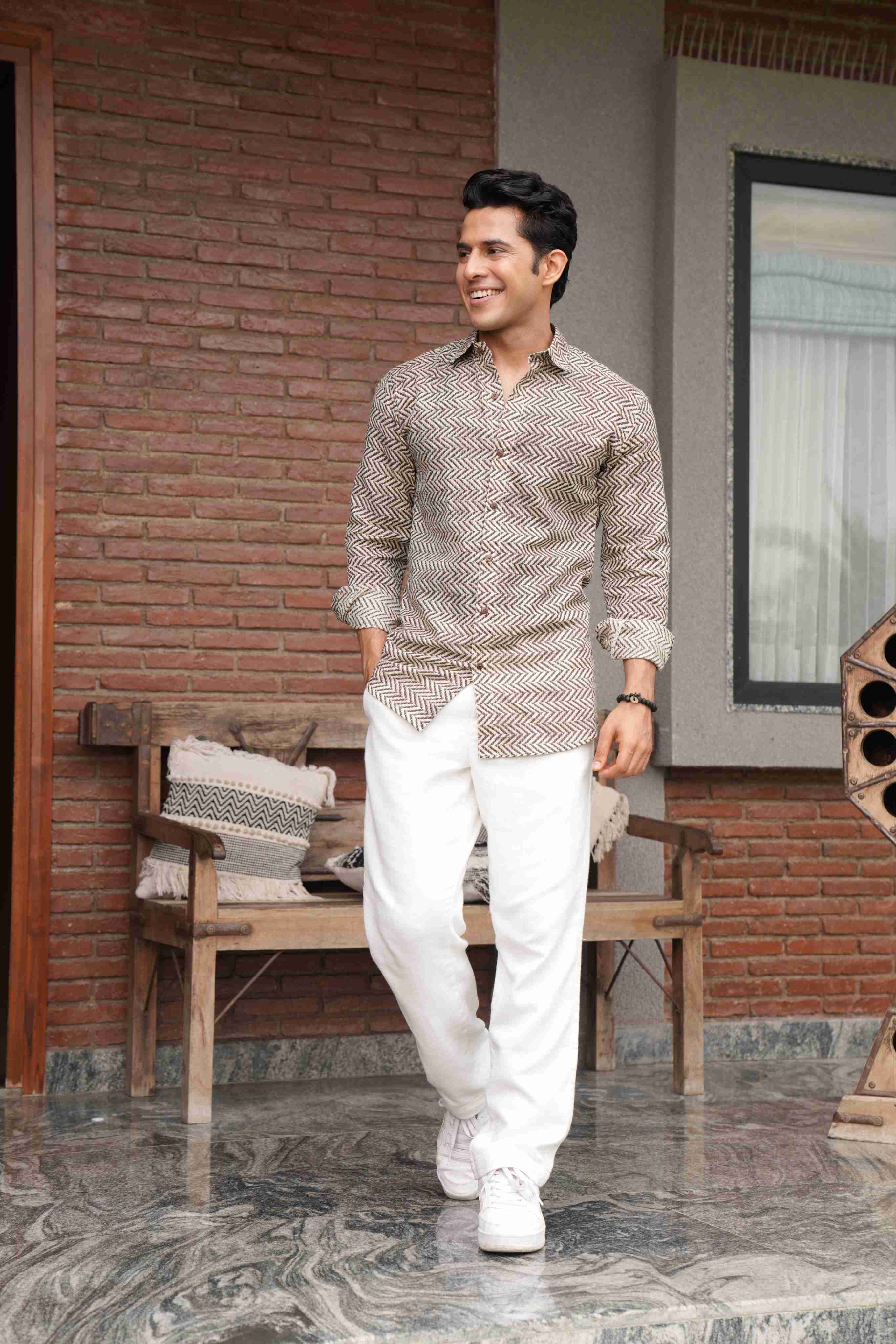 The Light Grey Kantha Work Shirt with Cedar Color Zig Zag Print