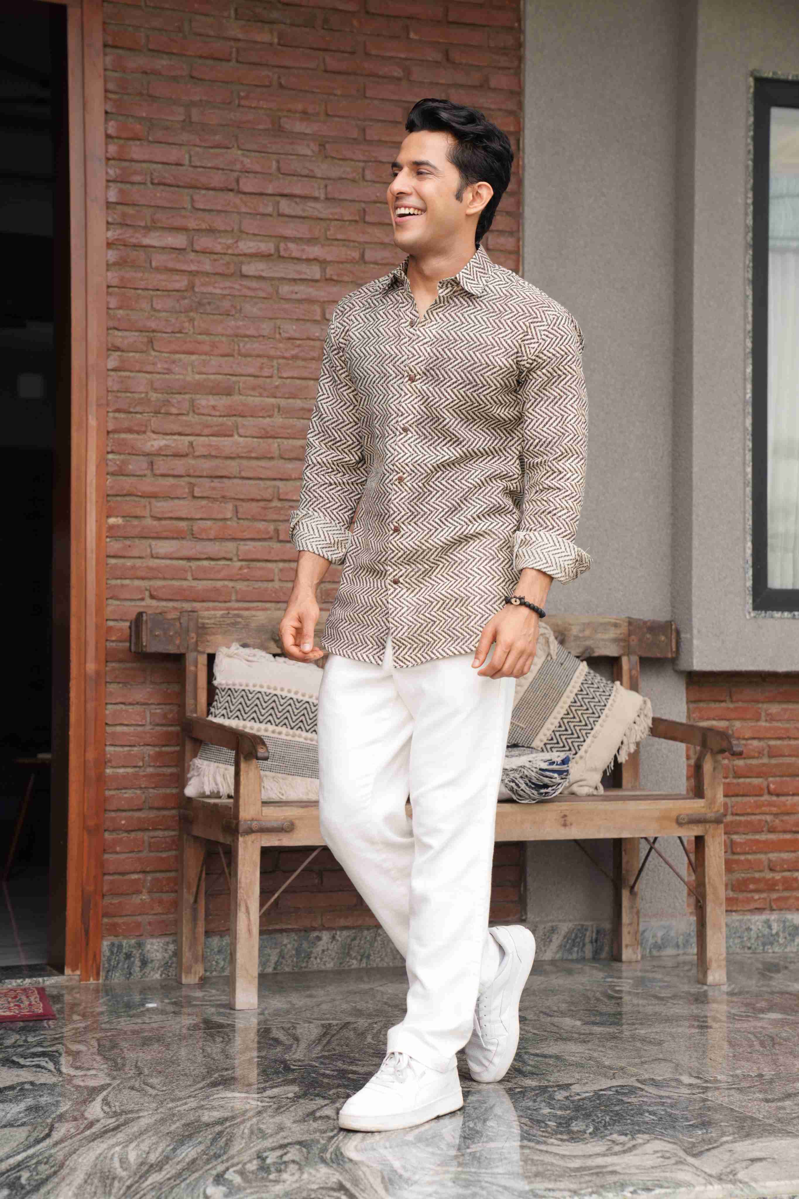 The Light Grey Kantha Work Shirt with Cedar Color Zig Zag Print