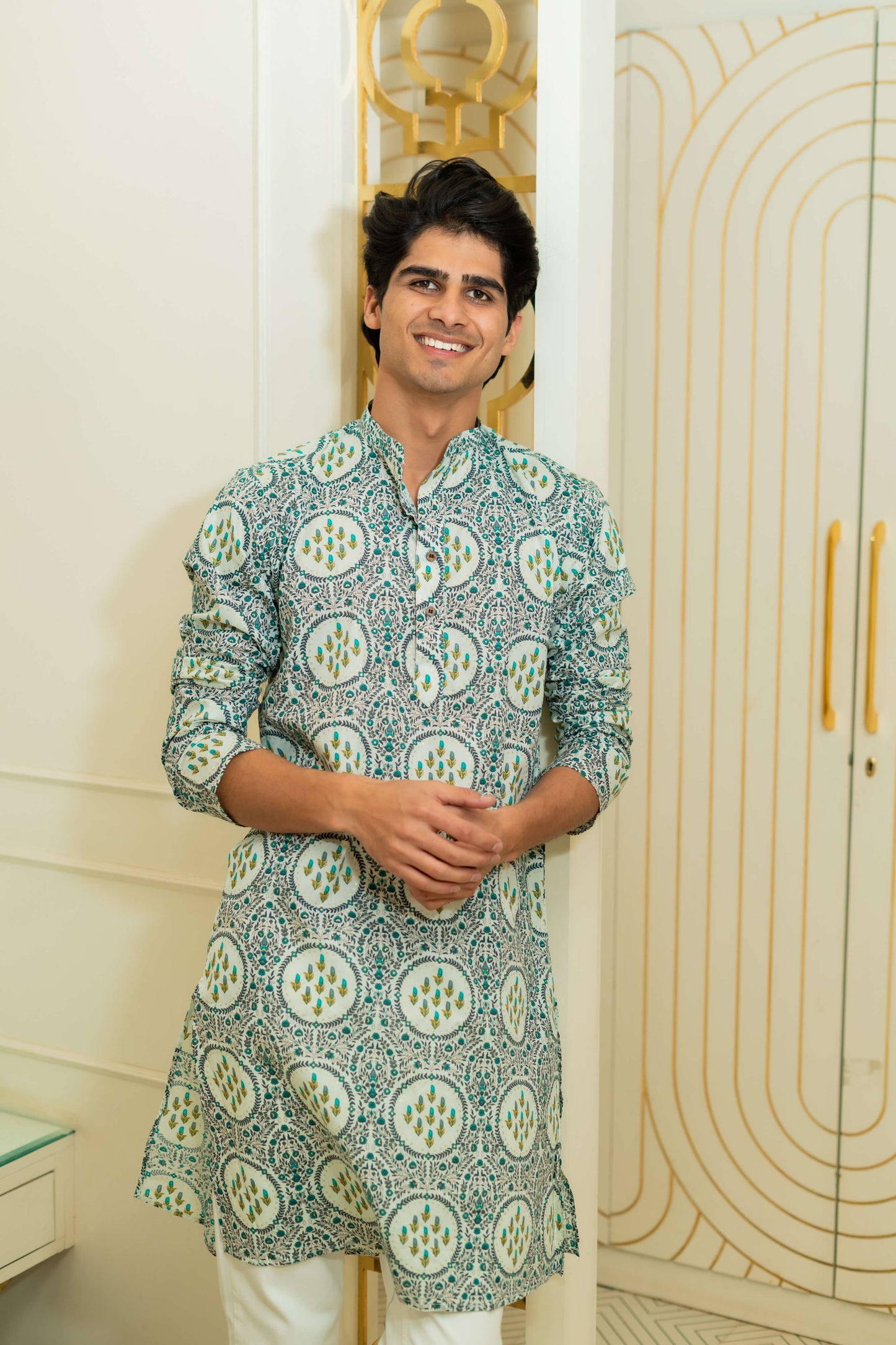 The White Long Kurta With Green Floral Geometric Foil Print