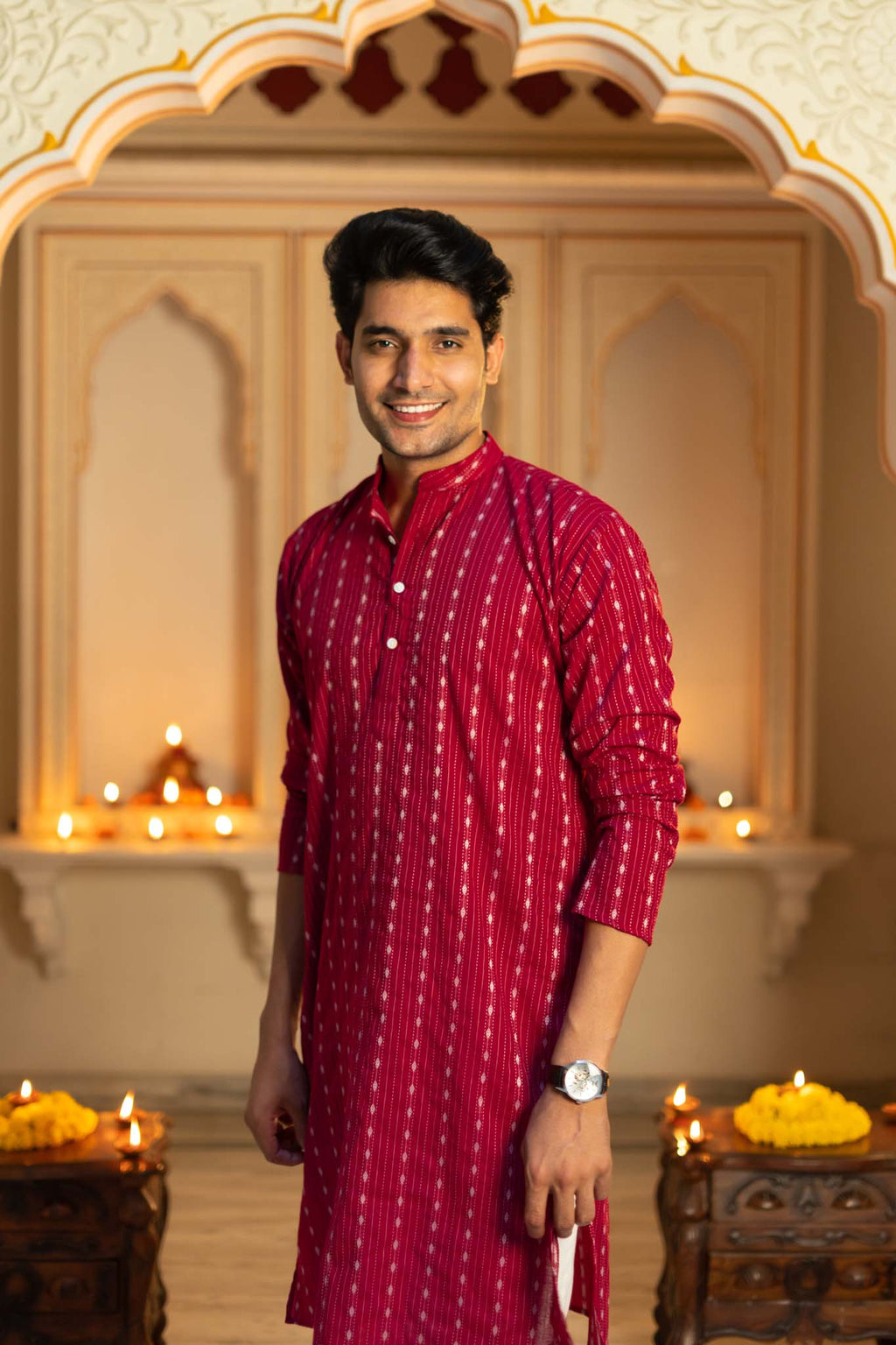 The Maroon Long Kurta With Striped Self Work