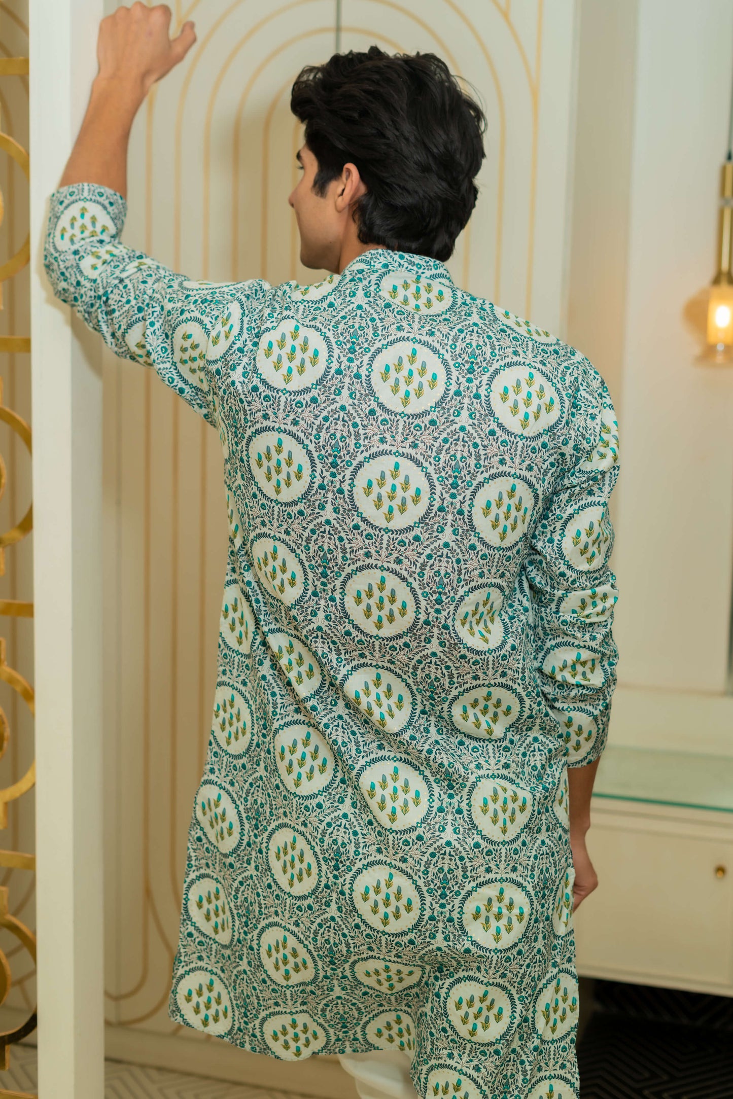 The White Long Kurta With Green Floral Geometric Foil Print