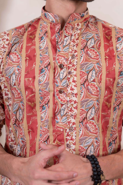 The Multicolor Foil Print Long Kurta With Pink Stripe and Floral Print