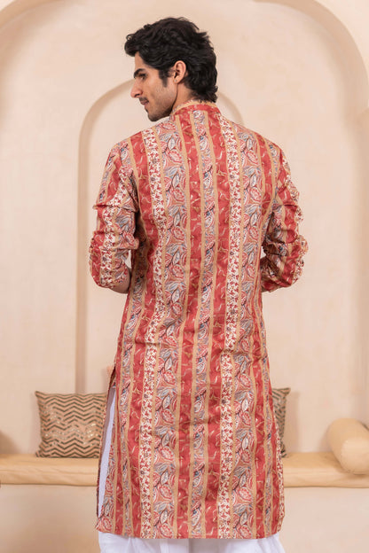 The Multicolor Foil Print Long Kurta With Pink Stripe and Floral Print