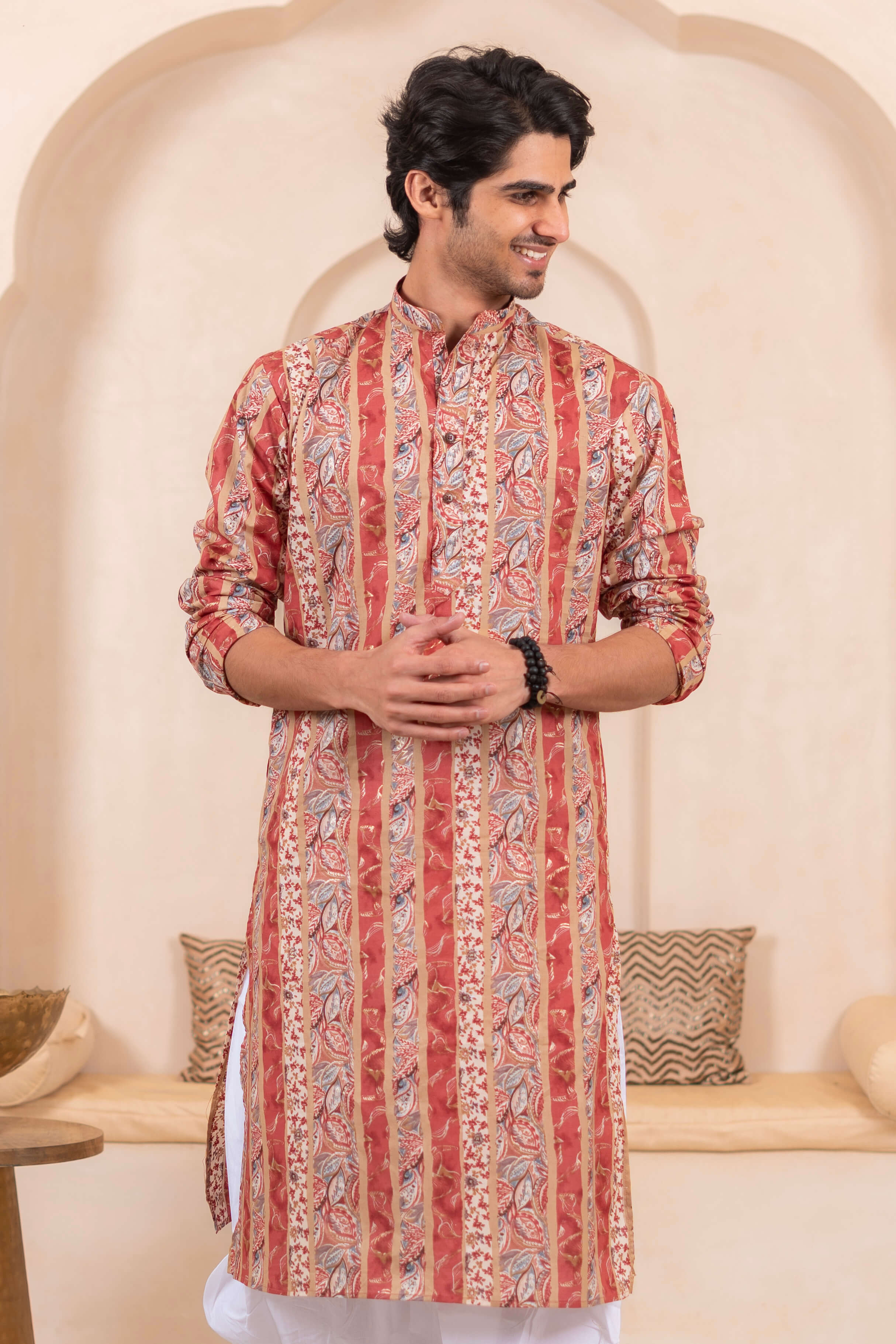 The Multicolor Foil Print Long Kurta With Pink Stripe and Floral Print