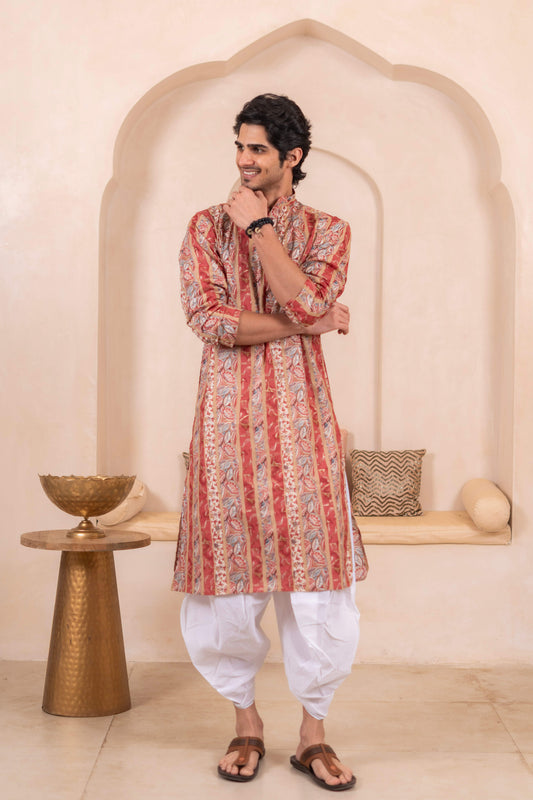 The Multicolor Foil Print Long Kurta With Pink Stripe and Floral Print