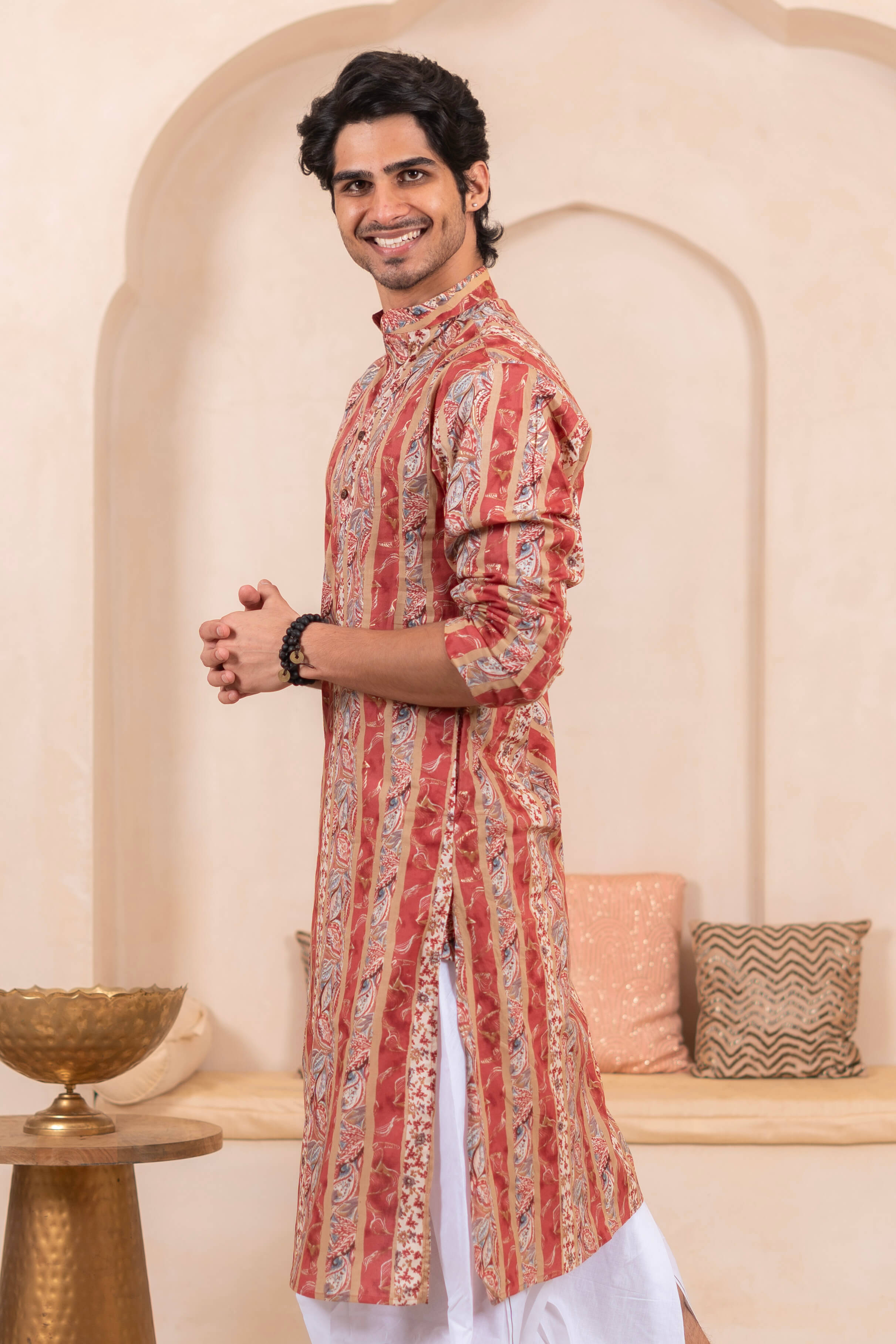 The Multicolor Foil Print Long Kurta With Pink Stripe and Floral Print