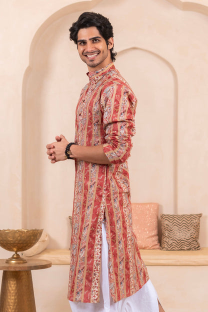 The Multicolor Foil Print Long Kurta With Pink Stripe and Floral Print