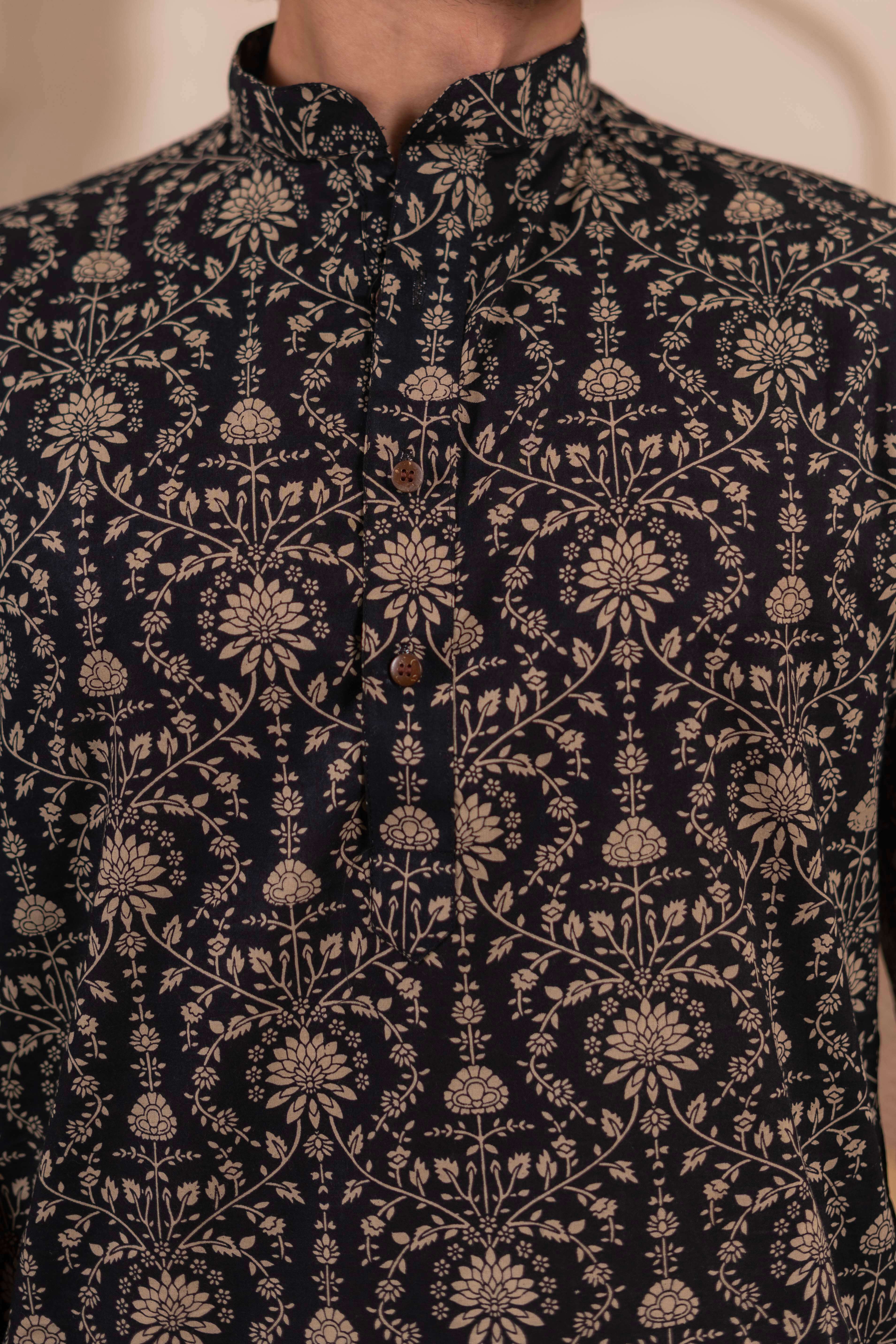 The Black Long Kurta With Beige Dabu Print