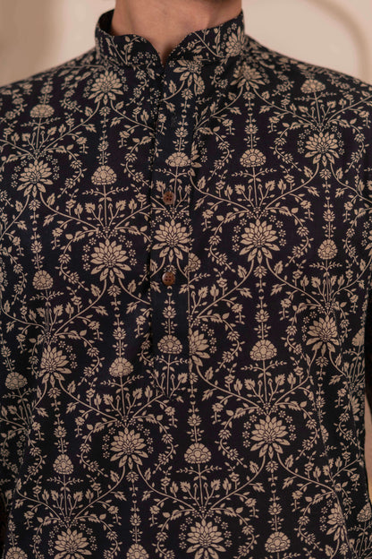 The Black Long Kurta With Beige Dabu Print