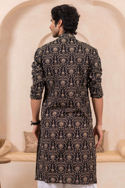 The Black Long Kurta With Beige Dabu Print