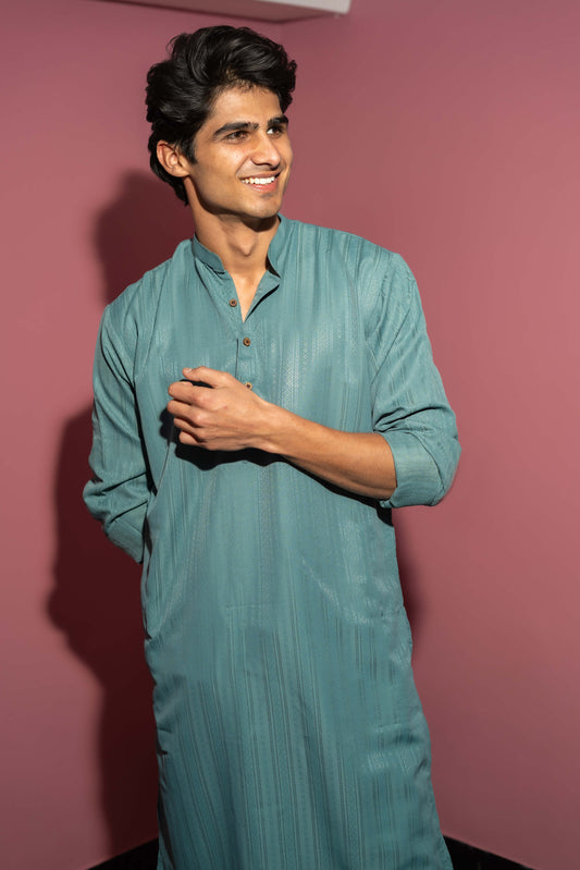 The Emerald Green Self Work Long Kurta