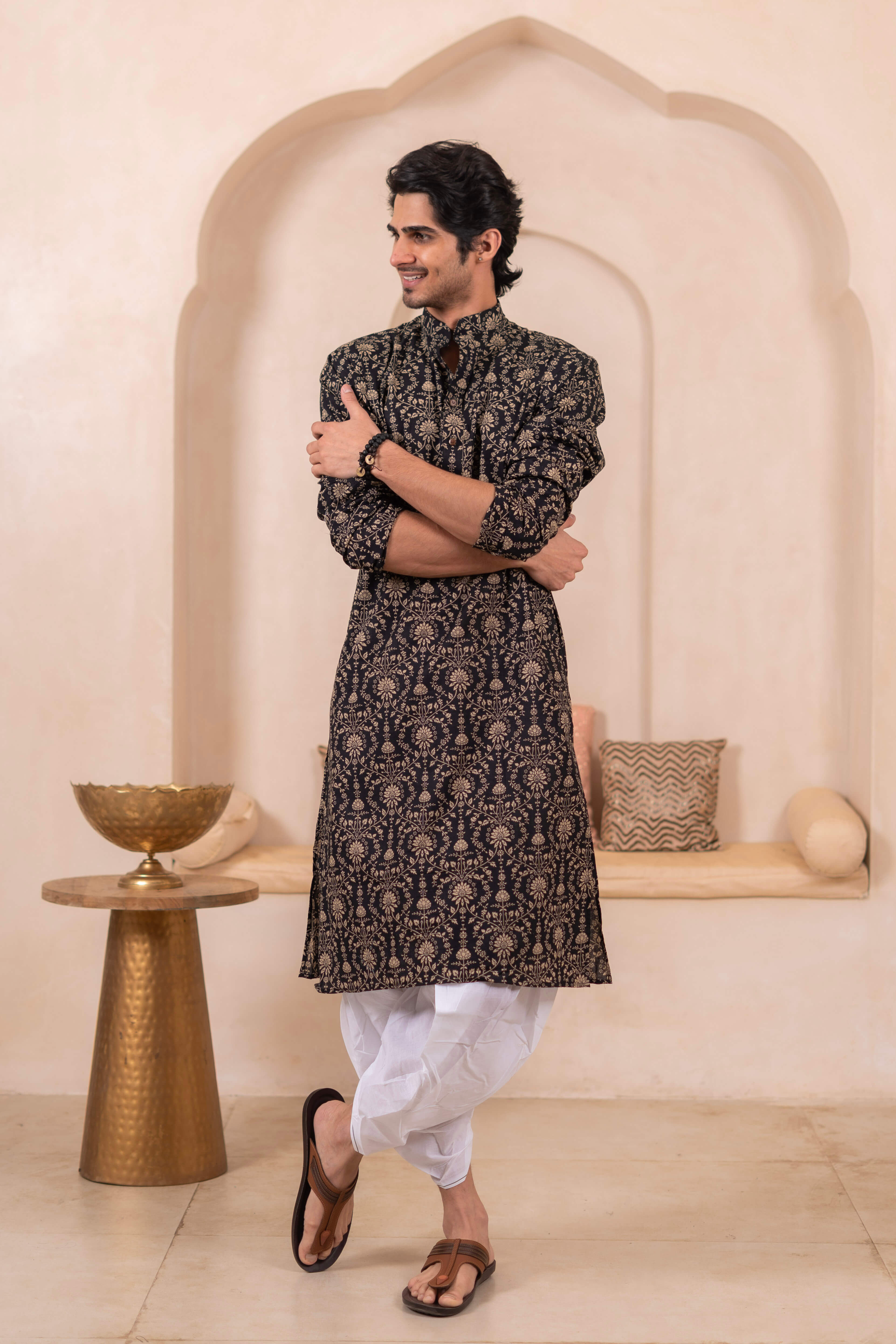The Black Long Kurta With Beige Dabu Print