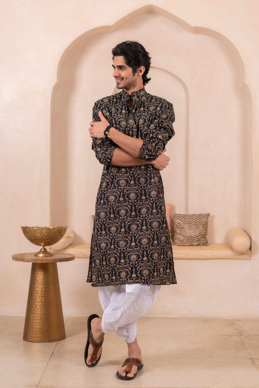 The Black Long Kurta With Beige Dabu Print