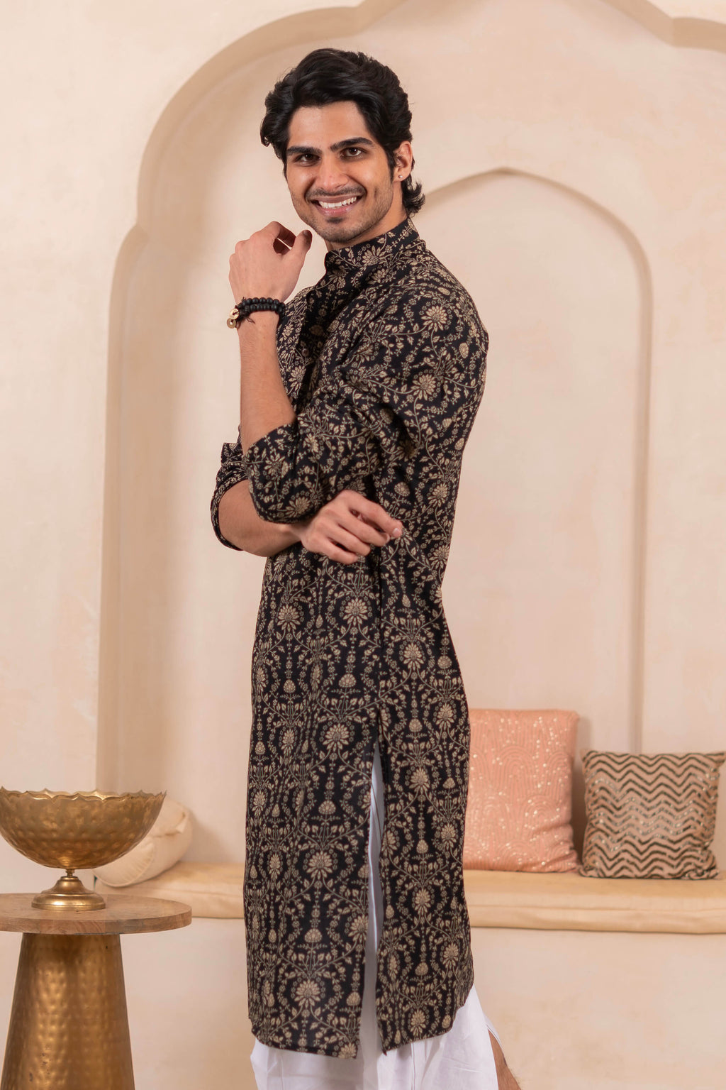 The Black Long Kurta With Beige Dabu Print