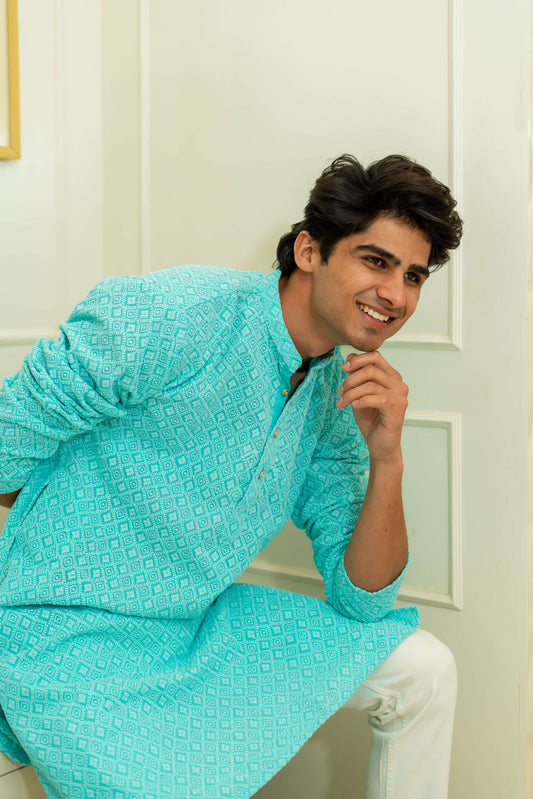 The Cyan Blue Chikan Kari Work Long Kurta