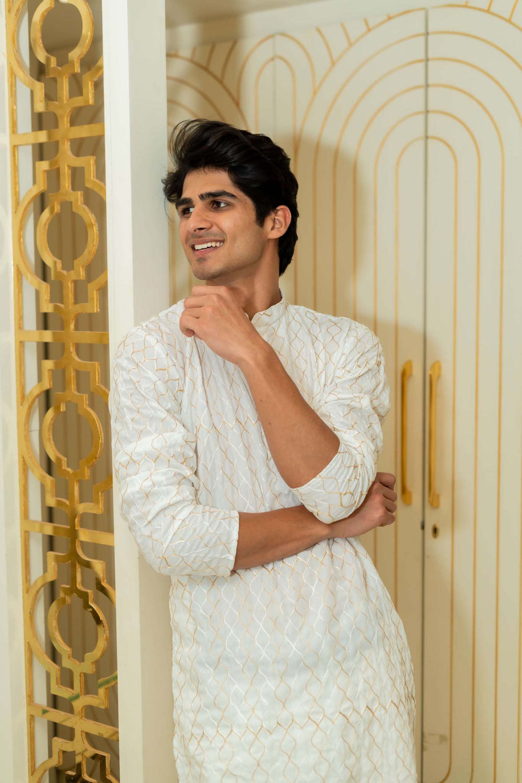The White Long Kurta With Geometric Zari Work