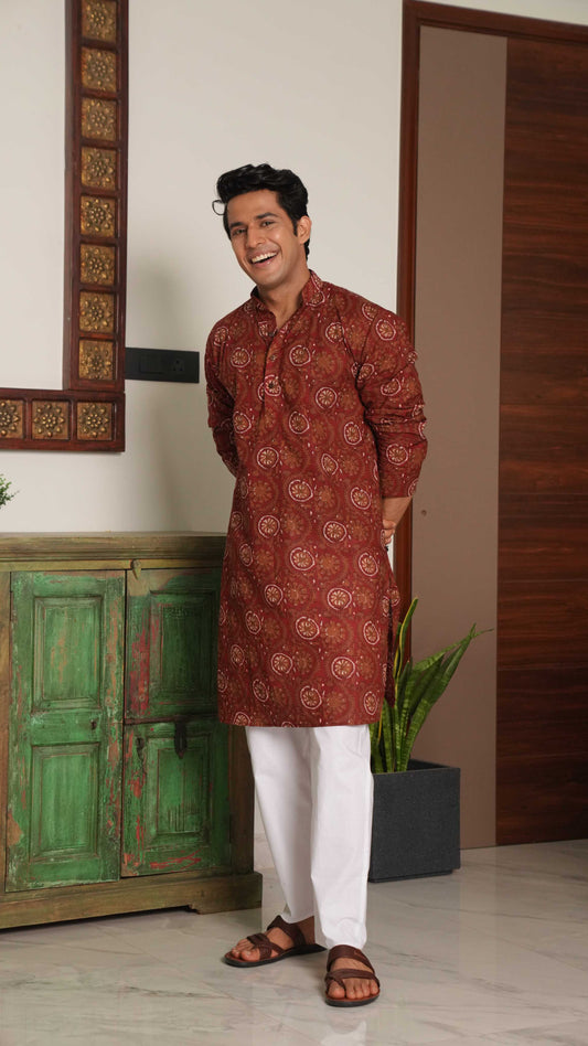 The Deep Maroon Long Kurta With White Floral and Petal Print