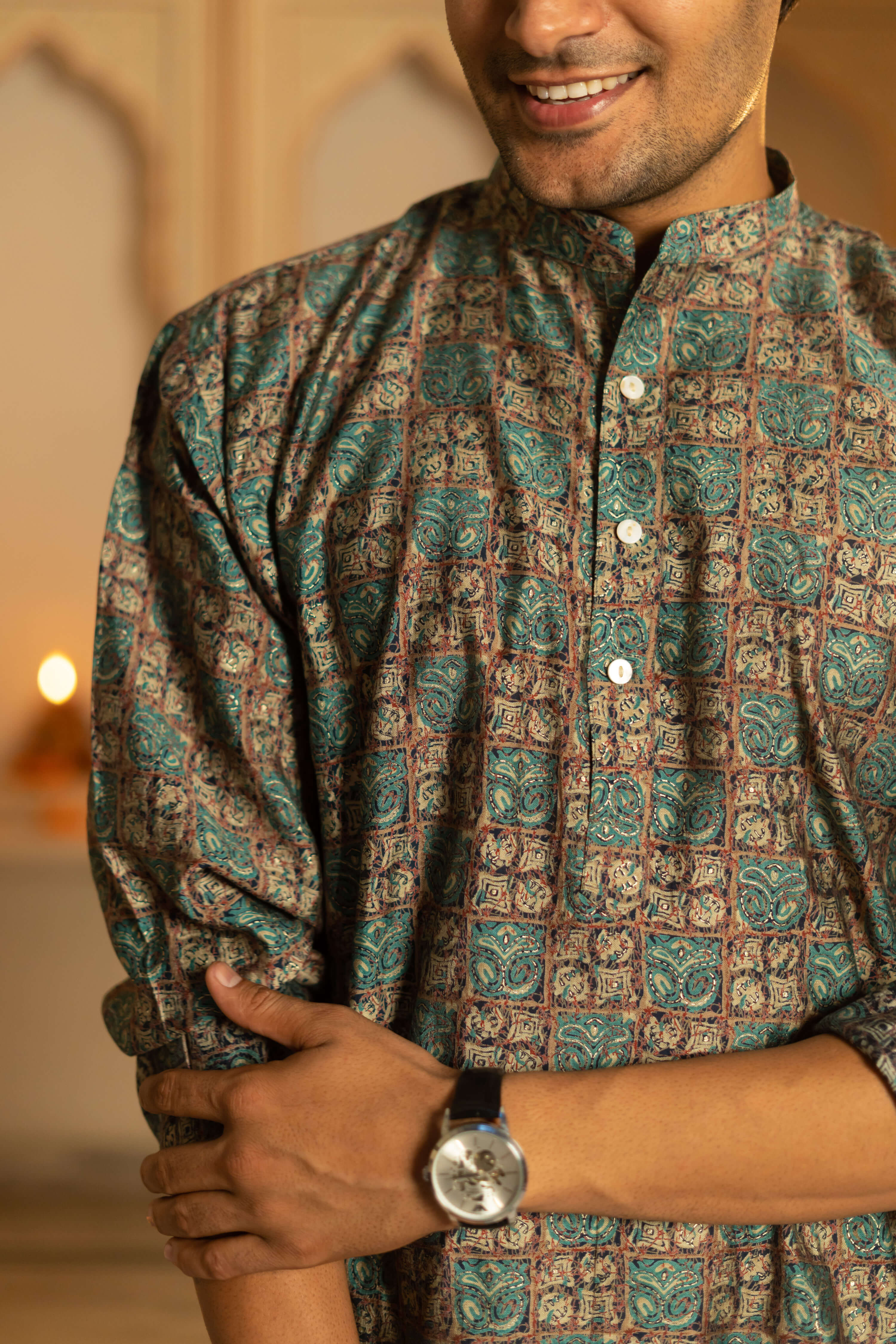 The Muslin Sea Green And Off-White Tribal Print Long Kurta