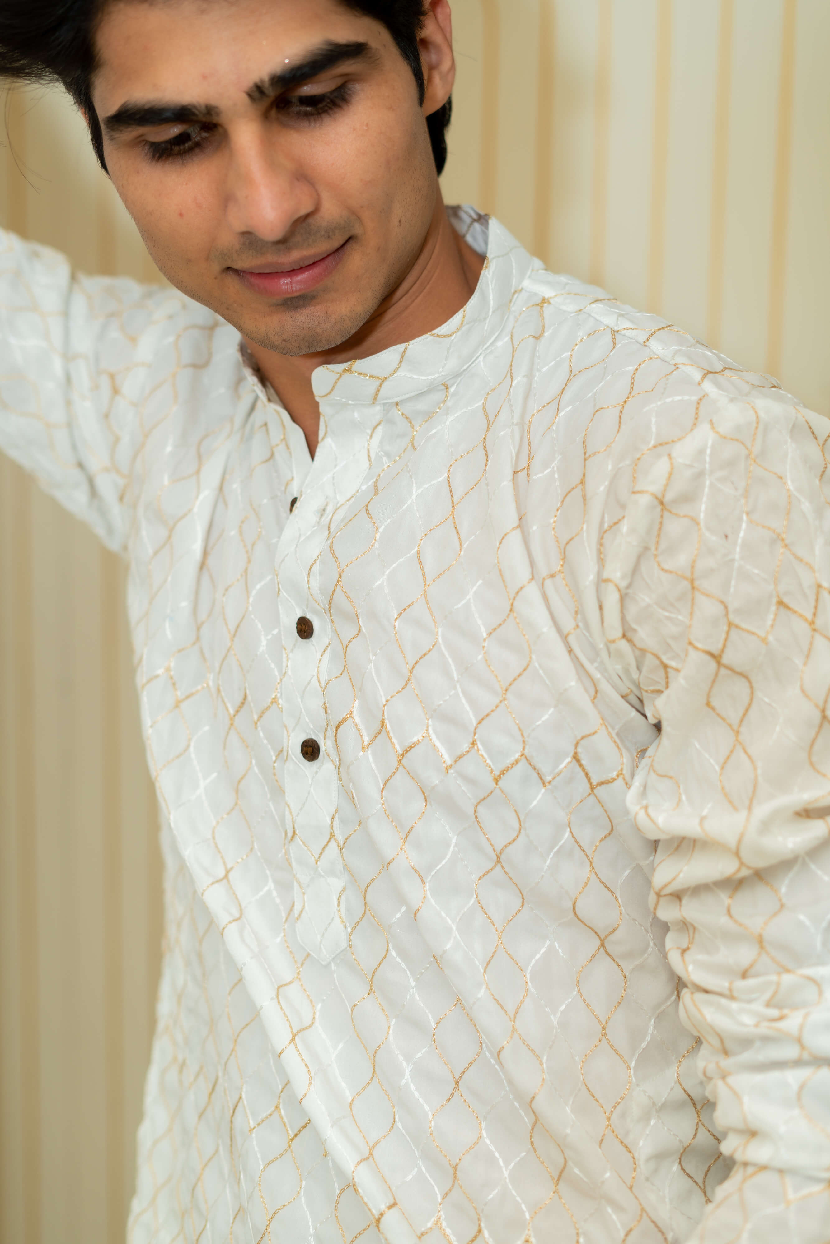 The White Long Kurta With Geometric Zari Work